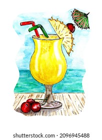 Watercolor sketch of yellow tropical pineapple cocktail on table. Pineapple fresh juice illustration. Summer beach drinks.