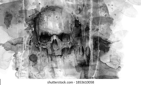 Watercolor Skull Background Black White Paint Art For Design Decoration Youtube Cover Or Frame Contrasting Cranium