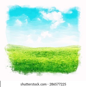 Watercolor Sky And Grass Background. Green Fields Under The Blue Sky.