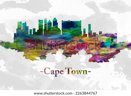 Watercolor skyline of Cape Town a port city on South Africa’s southwest coast, on a peninsula beneath the imposing Table Mountain.