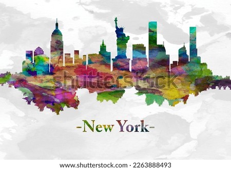 Watercolor skyline of New York City, comprises 5 boroughs sitting where the Hudson River meets the Atlantic Ocean