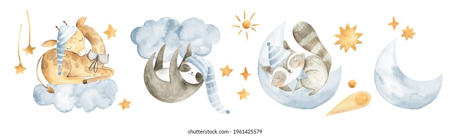 Watercolor sleeping baby animals illustration for nursery with giraffe, sloth, raccoon in the sky, clouds , stars and moon in blue