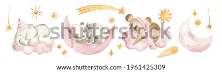 Watercolor sleeping baby animals illustration for nursery with elephant, panda, koala in the sky, clouds , stars and moon in pink 