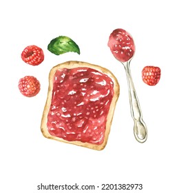 Watercolor Slice Of Bread With Raspberry Marmalade And Silver Spoon Full Of Jam Illustration. Hand Drawn Breakfast Or Snack Clipart Elements Isolated On White Background. For Bakery, Kitchen, Banner.