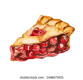 Watercolor slice of cherry pie with crispy crust and heart-shaped hole. A lot of juicy cherries in pastry, hand drawn, isolated on white
