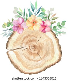 Watercolor Slice Of Wood With Floral Decorations. Flowers