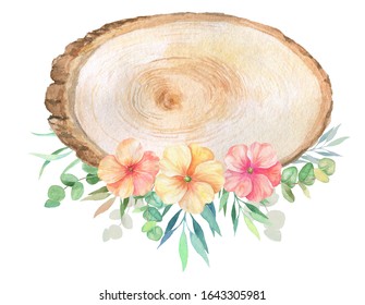 Watercolor Slice Of Wood With Floral Decorations. Flowers