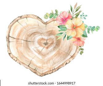 Watercolor Slice Of Wood With Floral Decorations. Floral Decor.