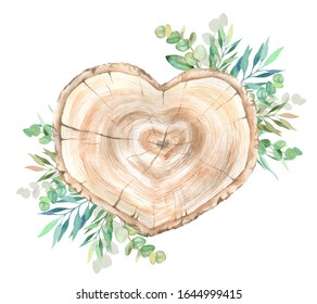 Watercolor Slice Of Wood With Floral Decorations. Floral Decor.