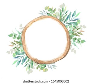 Watercolor Slice Of Wood With Floral Decorations. Floral Decor.