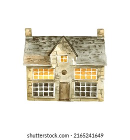 Watercolor Small Old Countryside House Object. Hand Drawn Village Cottage Clipart Element Isolated On White Background. Town, Village Or Farm Illustration For Decor, Design, Poster, Banner, Scrapbook.