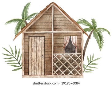Watercolor Small Wooden Beach House Front View With Porch. Tiny Bungalow With Palm Trees And Tropical Plants. Hand Painted Illustration Isolated On White