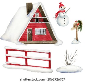 Watercolor Snow Covered Cabin With Fence, Snowman, Christmas Mailbox, Winter Scene Creator