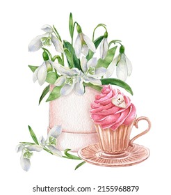 Watercolor Snowdrops Flower Bouquet In A Pink Box And Coffee Mug. Card For Valentines Day, Woman Birthday, Mothers Day.Best Mom Postcard