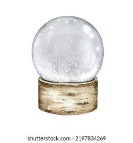 Watercolor Snowglobe Illustration Isolated On White Background. Crystal Snow Globe On Wooden Stand. Christmas, New Year Winter Design For Cards, Prints, Scrapbooking, Invitations