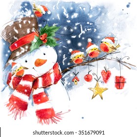 Watercolor snowman and cute bird. Snowman, snow, snowflake, bird watercolor. Winter Holiday design.  - Powered by Shutterstock