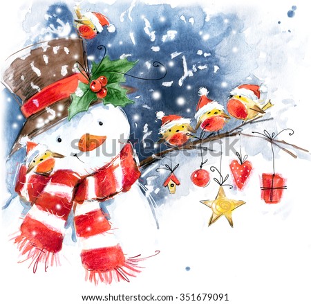 Watercolor snowman and cute bird. Snowman, snow, snowflake, bird watercolor. Winter Holiday design. 