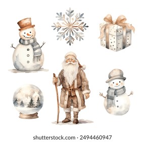 Watercolor snowman, snowflake, santa claus, gift, snow globe. Illustration clipart isolated on white background. - Powered by Shutterstock