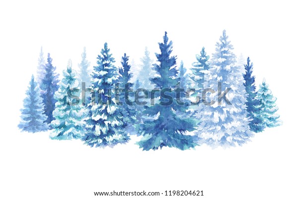 水彩の雪の多い森のイラスト クリスマスモミの木 冬の自然 針葉樹 休日の背景 田舎の風景 屋外のシーン 白い背景 のイラスト素材