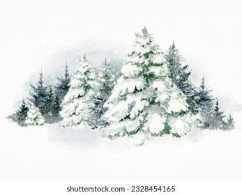 Watercolor snowy forest landscape in green colors. Watercolor abstract woddland, fir trees silhouette, winter background hand drawn illustration,  - Powered by Shutterstock