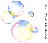 Watercolor soap bubbles composition . Fleeting spheres, weightless balls and foam bubbles. Watercolor illustration for cards design, festive decoration, package and advertising.