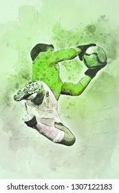 Watercolor Soccer Goalie Diving For The Ball With Copy Space