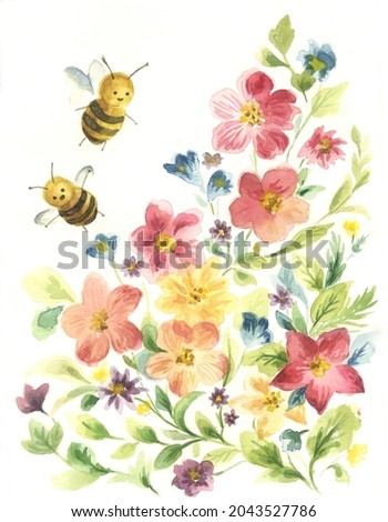 Watercolor soft and gentle flowers in the garden with bees. Flowers are colorful, delicate, soft and sweet in the garden. The bees are childlike and happy looking at the flowers. Illustration on white