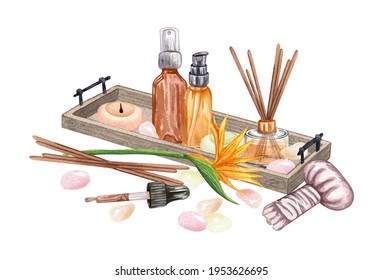 Watercolor SPA Set. Bath Collection Of Oil, Potted Plant, Salt, Soap, Candles, Aroma Sticks.