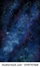 Watercolor space background. Painted night sky illustration with galaxy and stars.