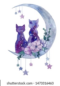 watercolor space cats the moon and flowers