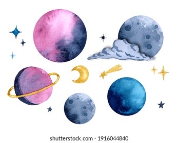 Watercolor Space Elements Set Isolated	