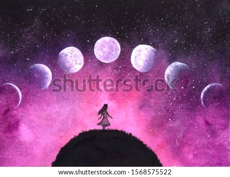 Watercolor space landscape with moon phases, beautiful space poster, watercolor illustration