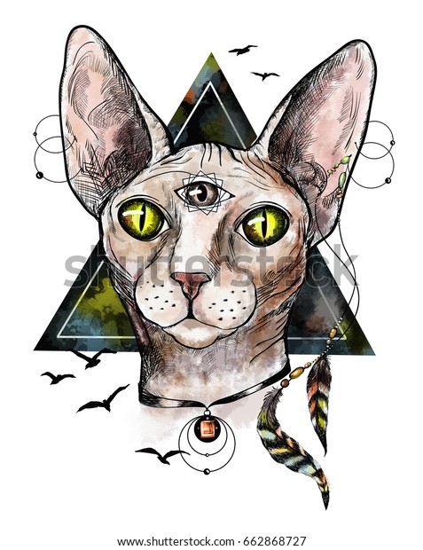 Watercolor Sphinx Cat Piercing Third Eye のイラスト素材