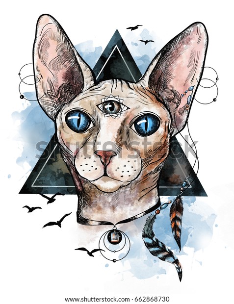 Aquarellsphinx Katze Mit Piercing Und Drittes Auge Stockillustration