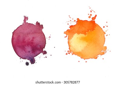 Watercolor splash background. Grunge abstract background. Colorful water texture. Hand drawing elements. Colorful advertising background. Purple, pink background. Watercolor stamp.