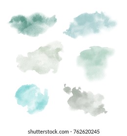 Watercolor splash stains elements for design. Mint, green and gray foggy colors