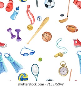 watercolor sport doodle seamless pattern with, hand drawn background