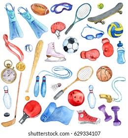 watercolor sport doodle set, isolated hand drawn design elements