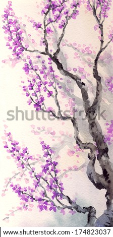Watercolor spring background in Japanese style. Purple flowers and buds on the branches of an old tree 