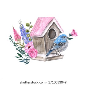 Watercolor spring bird sitting on a birdhouse illustration. Holiday card with hand painted cute blue bird, pink flowers and green leaves,isolated on white background. Shabby chic country style
