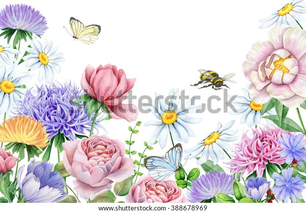 Watercolor spring flower garden. Purple, pink, yellow, and white wallpaper for walls. 