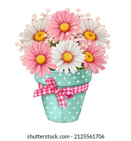 Watercolor Spring Flower Pot Of Colorful Daisies