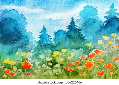 Watercolor Spring Landscape 