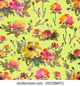 Watercolor spring pattern with flowers on yellow background