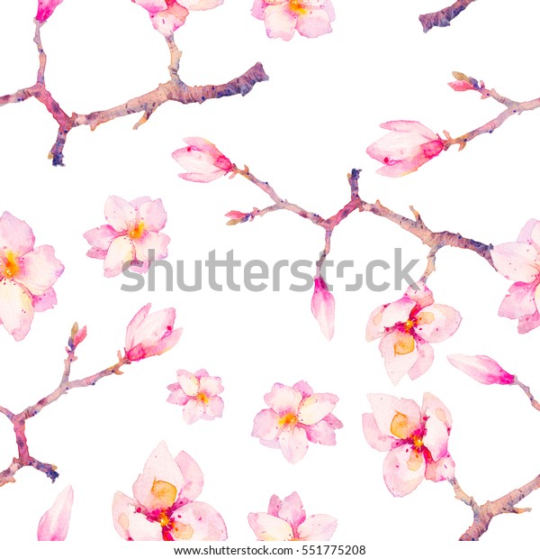 水彩春のシームレスな模様 白い背景に手描きのテクスチャーと朴の花の枝 木の花の壁紙デザイン のイラスト素材