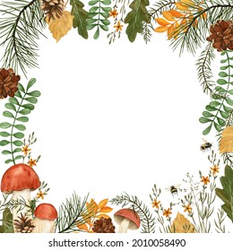 Watercolor Square Fall Forest Frame With Mushrooms, Pine Branches, Pine Cones, Yellow Flowers And Leaves, Bumble Bee, Autumn Forest Wedding Invitation Template, Thanksgiving Clipart