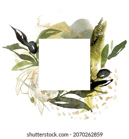 Watercolor square frame of black olives, leaves and gold branches. Hand drawn linear border of leaves and berries isolated on white background. Plant illustration for design, print or background.