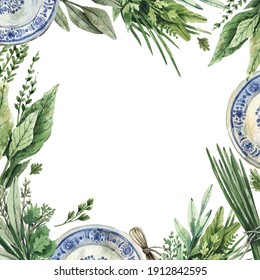 Watercolor Square Frame With Garden Herbs And Vintage Plates In A Rustic Style. Illustration With Fresh, Kitchen Herbs. Sage, Parsley, Lettuce, Dill, Rosemary And Other Healthy Organic Herbs.