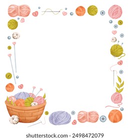 watercolor square text frame themed around knitting, perfect for crafting knitting. yarn skeins and knitting needles with heart-shaped charms, woven basket with various knitting tools - Powered by Shutterstock