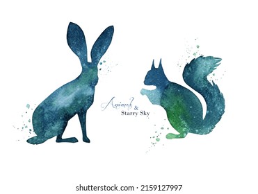 Watercolor Squirrel And Rabbit  Silhouette. Abstract Green And Blue Silhouette Background. Ink Splashes